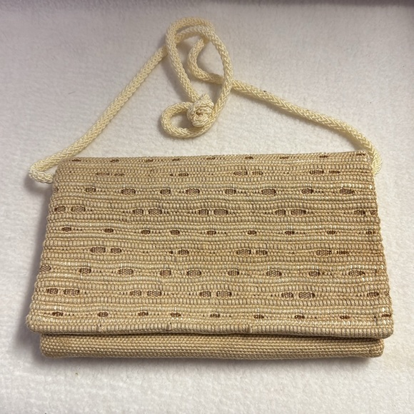 Natural Woven Fiber Clutch Crossbody Convertible Bag Gold Thread Satin Lining - Picture 1 of 14